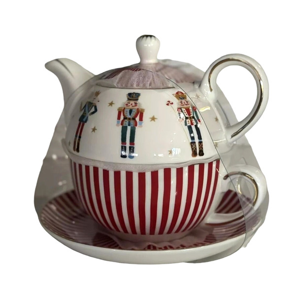 Grace Teaware Christmas NUTCRACKER Teapot Tea For One Holiday Red White Striped - Picture 5 of 5